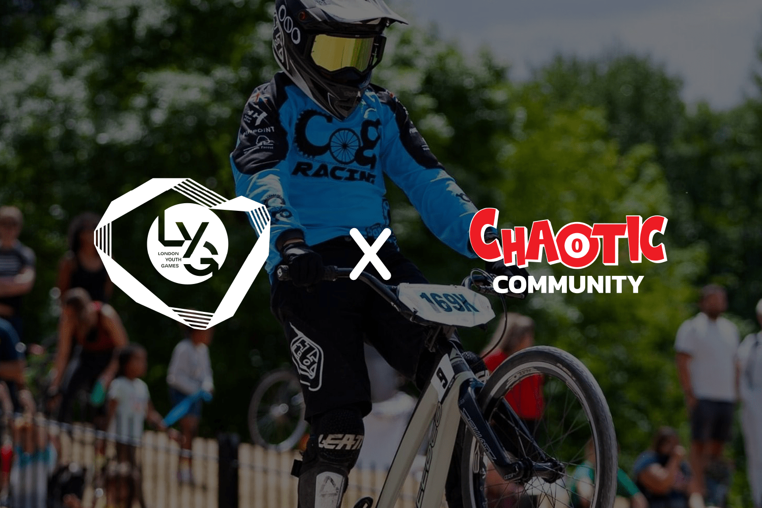 LYG x Chaotic Community logo on male BMXer riding bike