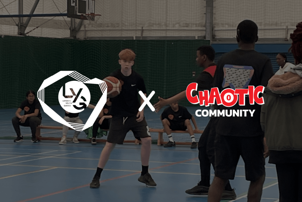 LYG x Chaotic Community logo on white male playing basketball