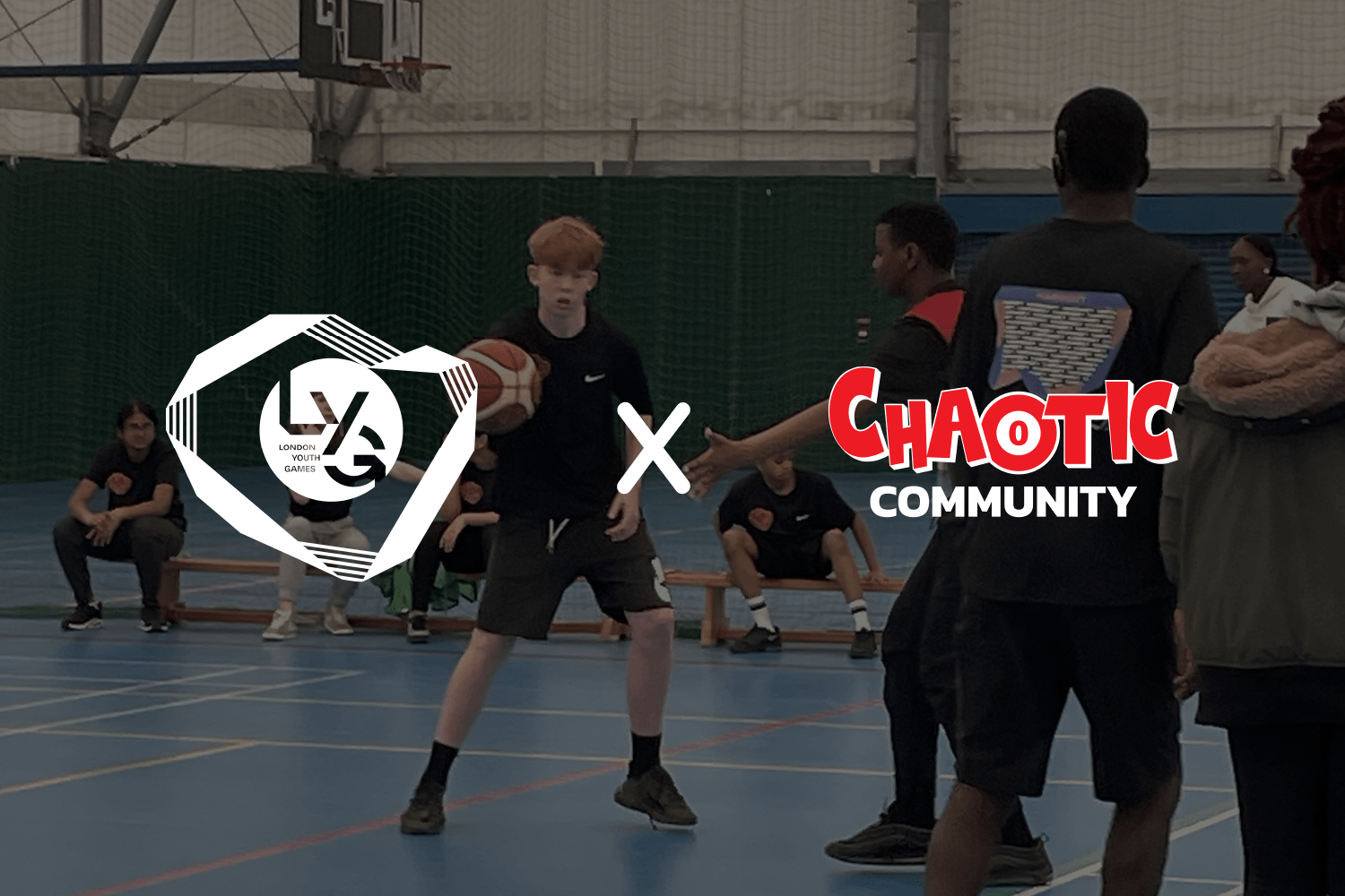 LYG x Chaotic Community logo on white male playing basketball