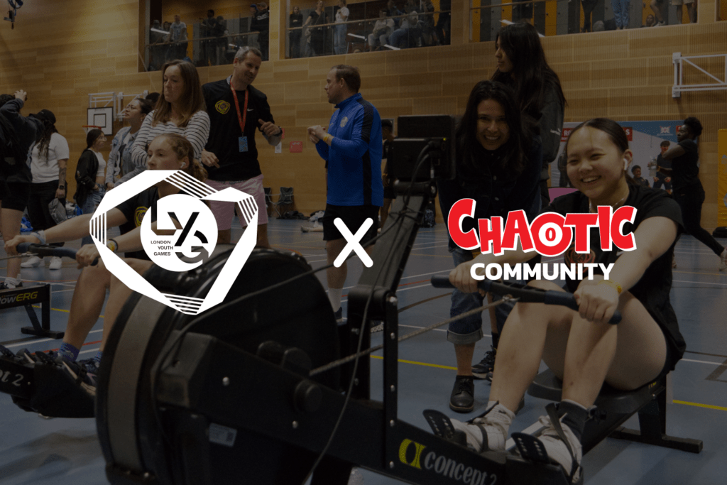 LYG x Chaotic Community logo on female indoor rowing