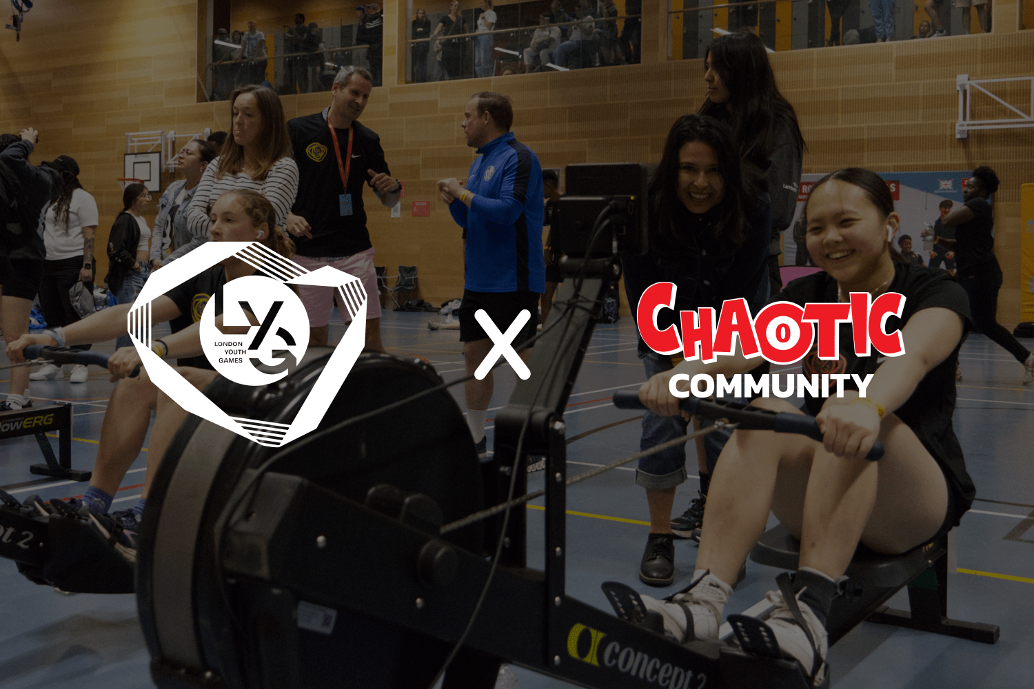LYG x Chaotic Community logo on female indoor rowing