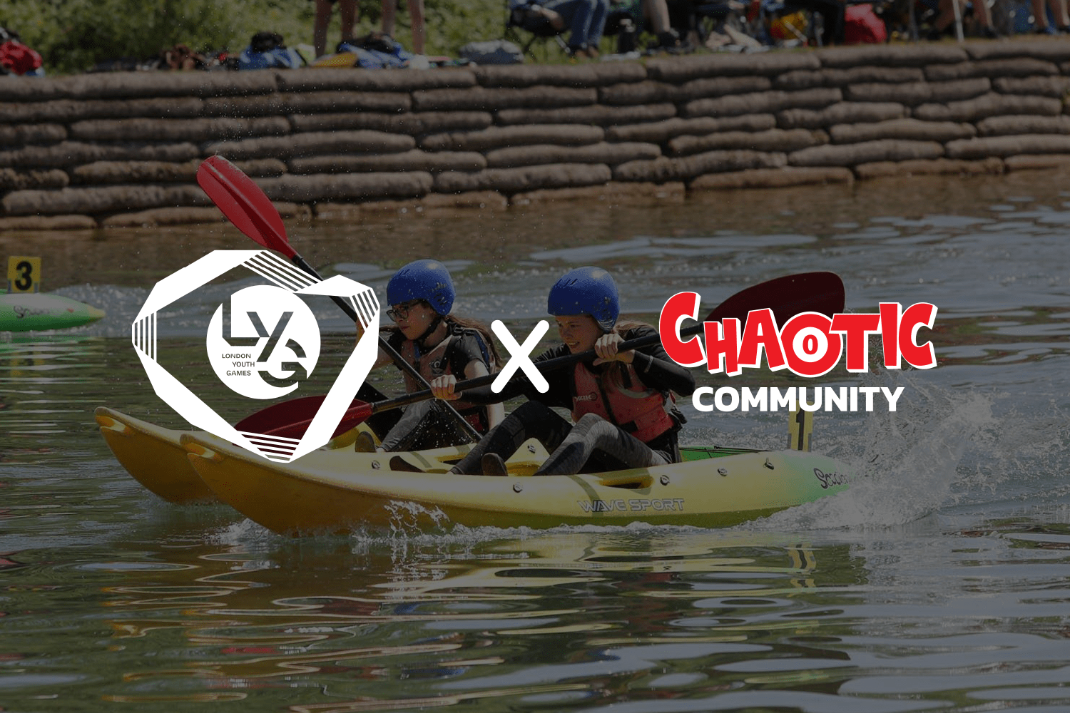 LYG x Chaotic Community logo on 2 people racing in kayaks