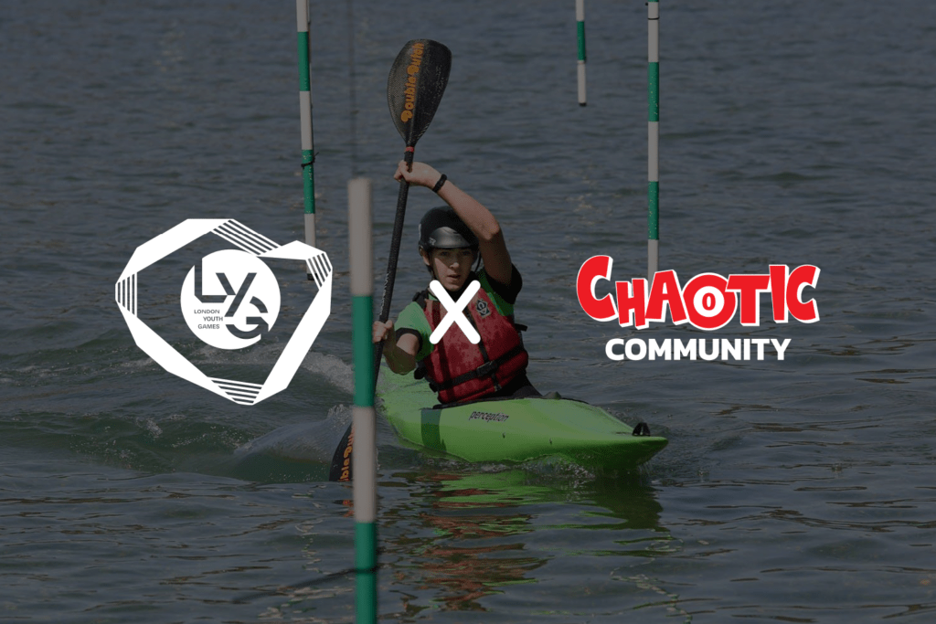 LYG x Chaotic Community logo on A person in a kayak paddling on calm water.
