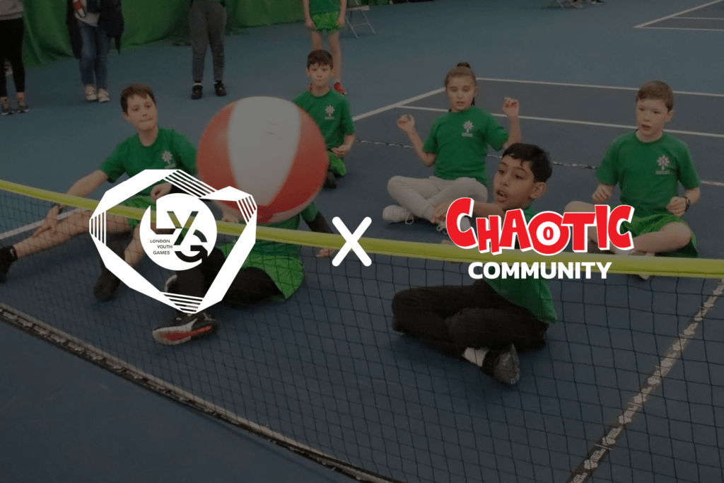 Chaotic x LYG logo on people playing sitting volleyball