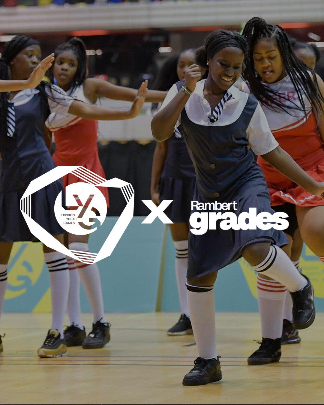 London Youth Games x Rambert Grades logos, on 4 female dancers image