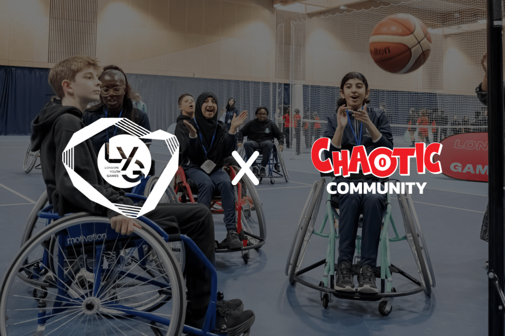 LYG x Chaotic community logo on young people playing wheelchair basketball