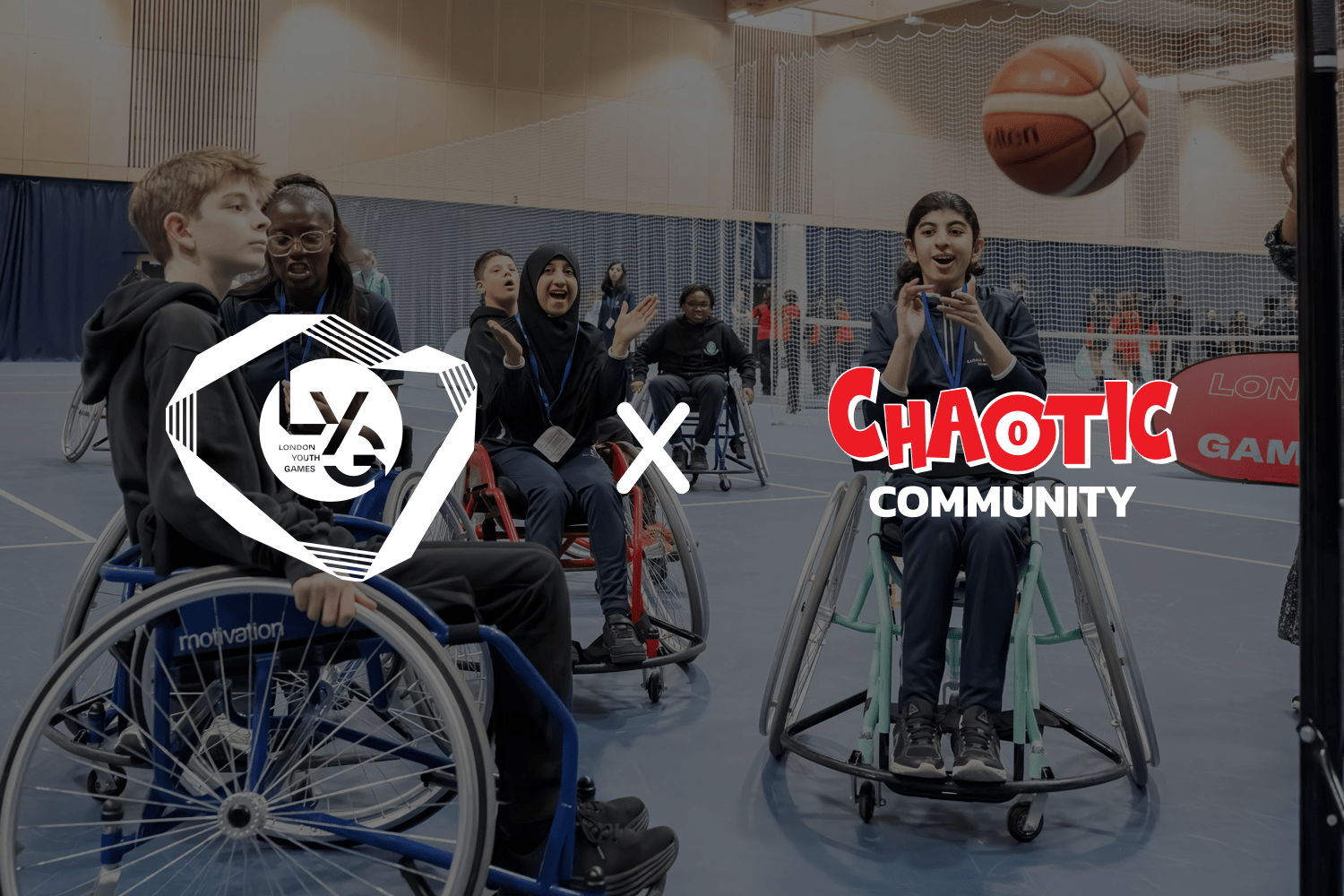 LYG x Chaotic community logo on young people playing wheelchair basketball
