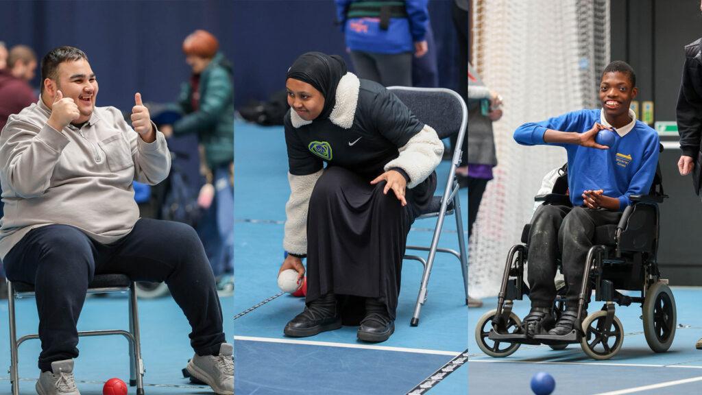 1 light skinned male, 1 brown skinned female wearing hijab and 1 black male in wheelchair playing boccia