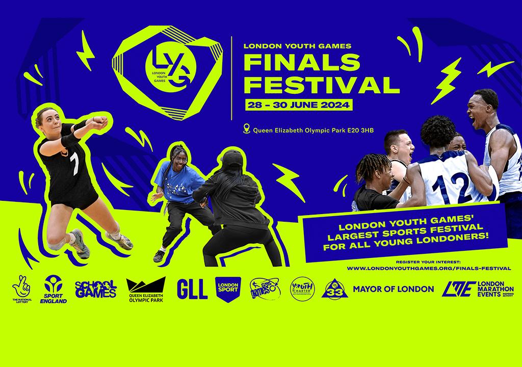 London Youth Games Finals Festival 28-30 June 2024. Queen Elizabeth Olympic Park, London. 2 dance girls, group basketball boys, female volleyball player. Logos.
